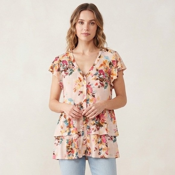 torrid Tops - Torrid Super Soft Knit Floral Tiered Babydoll Top Button Front V-Neck Pink 00